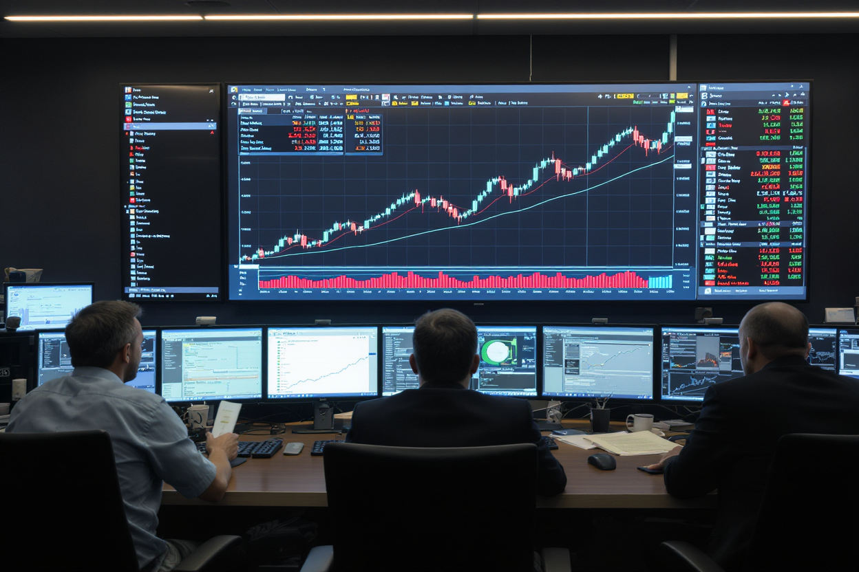 Trading desk with candlestick analysis